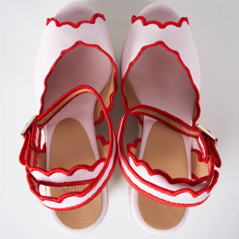 Castaner Pink Espadrille Wedges with Scalloped Red Trim - Picture 2 of 8